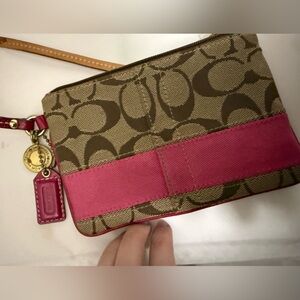 Coach Brown Signature Wristlet with Pink Interior